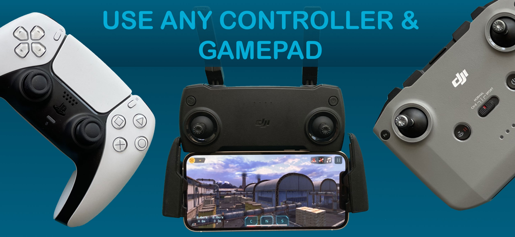 SimuDrone app showing compatibility with DJI and PlayStation controllers