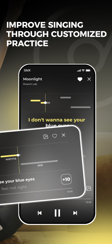 EasySing app interface showing customized singing practice with real-time pitch tracking and lyrics