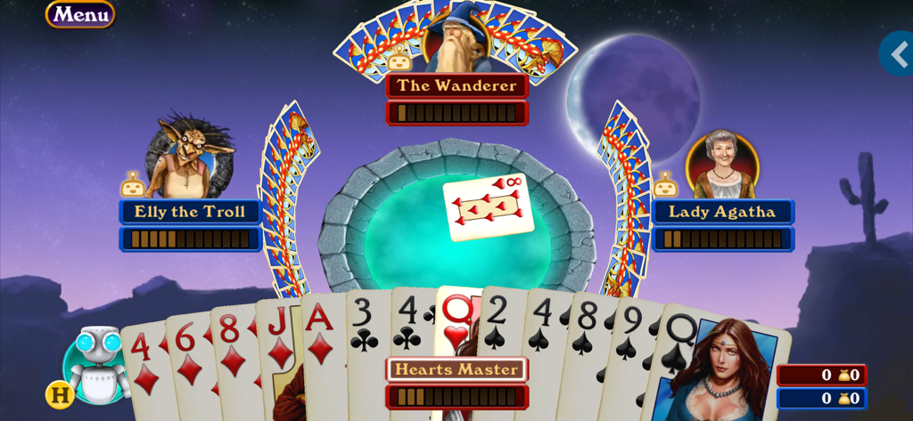 Hardwood Spades Pro - Hardwood Spades Pro gameplay showing a four player card match with fantasy character avatars and a night sky background.