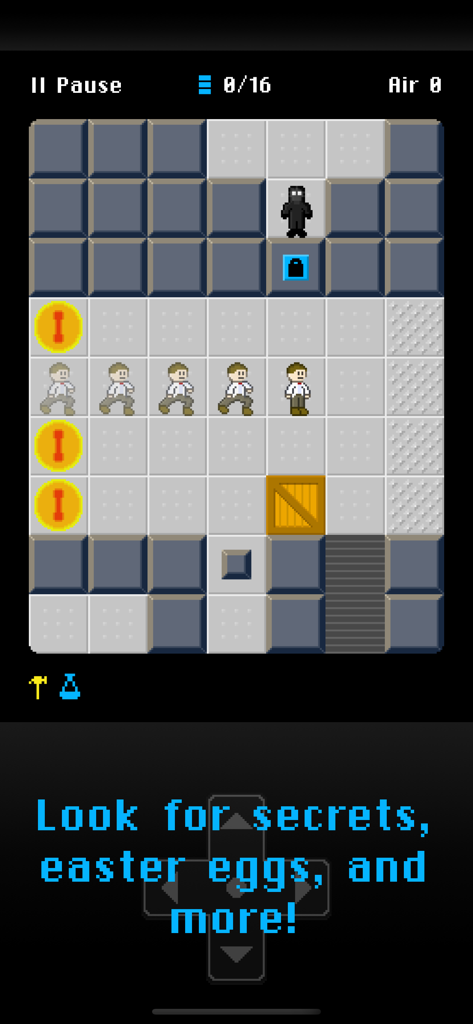 Hazmat Hijinks™ - Hazmat Hijinks のゲームプレイ画面。ピクセルアートパズルレベルに「秘密、イースターエッグなどを見つけてください」というテキストが表示されている。