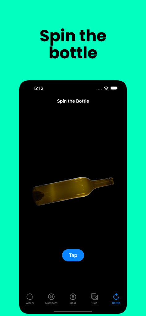 Random GameBox, Spin the wheel - Una interfaz de juego digital de girar la botella en un dispositivo móvil para tomar decisiones grupales.