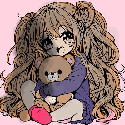 manga girl, long curly hair, happy, cuddling a teddy bear
