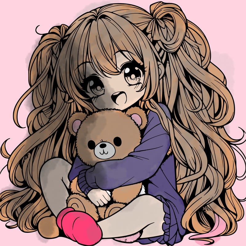 manga girl, long curly hair, happy, cuddling a teddy bear