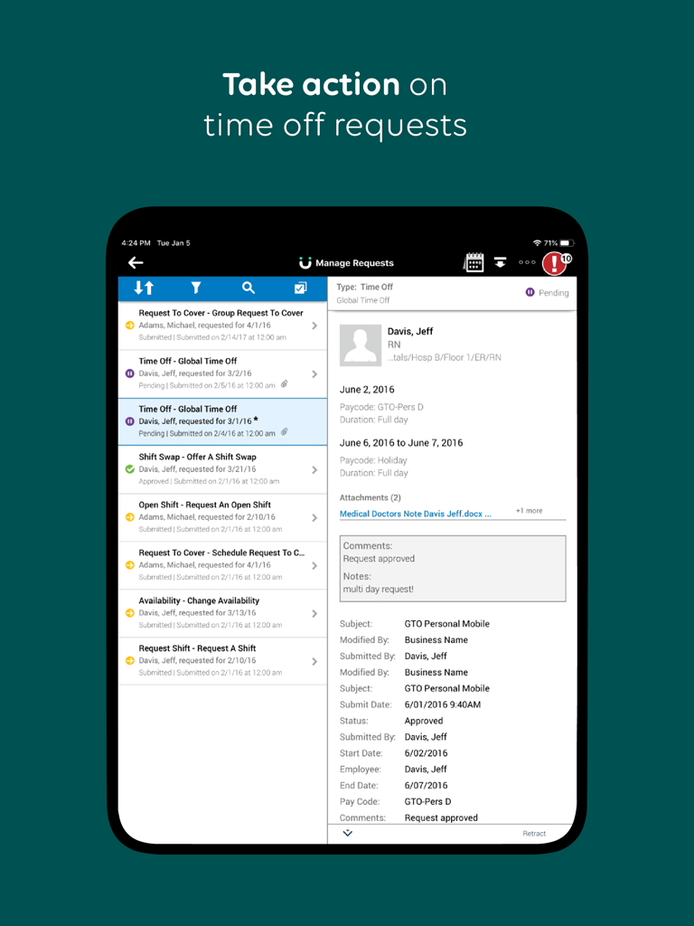 Aplicativo UKG Workforce Central tablet mostrando interface de solicitação de folga e turno de funcionários