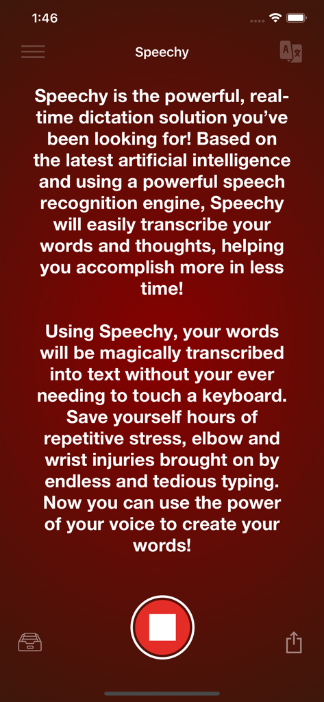 Introductory screen of the Speechy app highlighting real-time AI transcription features and a voice recording button.