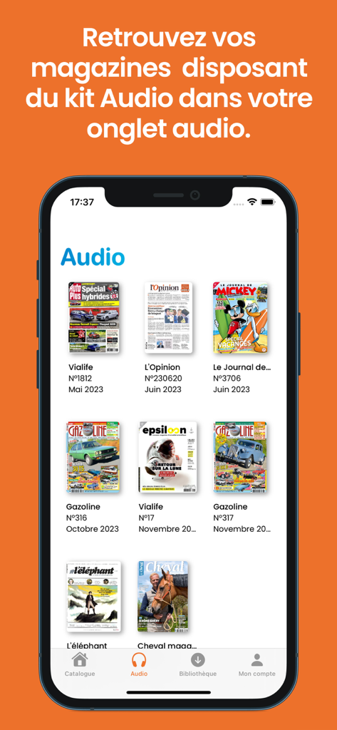 Der Audio-Tab der MyViapresse App zeigt eine Sammlung französischer Magazine, die zum Anhören verfügbar sind