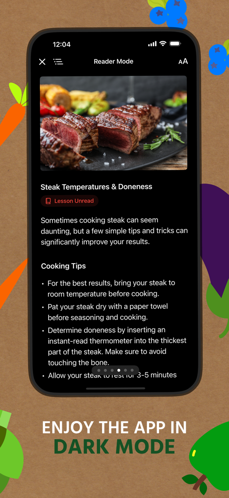Aplicación Recipe Resizer en modo oscuro que muestra una lección de cocina de bistec con consejos culinarios profesionales