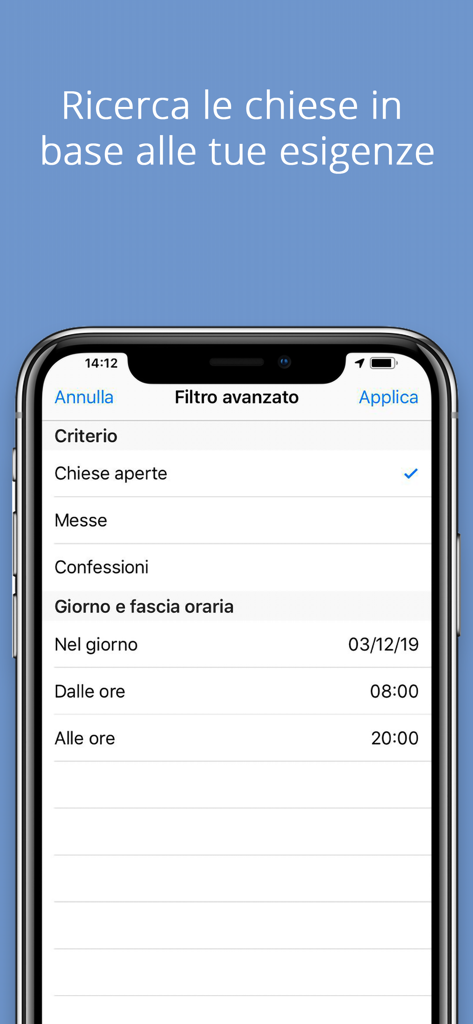 DinDonDan - Schermata del filtro di ricerca avanzata dell'app DinDonDan per chiese cattoliche e orari delle messe