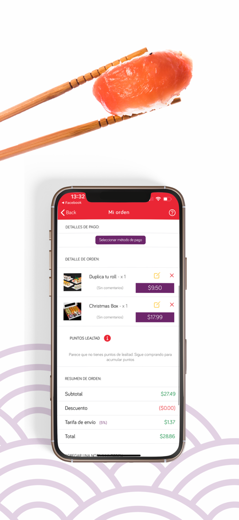 Sushiitto El Salvador mobile app order summary screen with sushi held by chopsticks