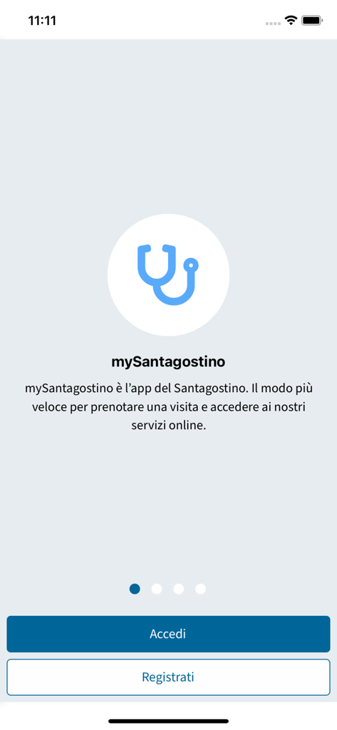My Santagostino - My Santagostino app welcome screen featuring a stethoscope icon and buttons to login or register