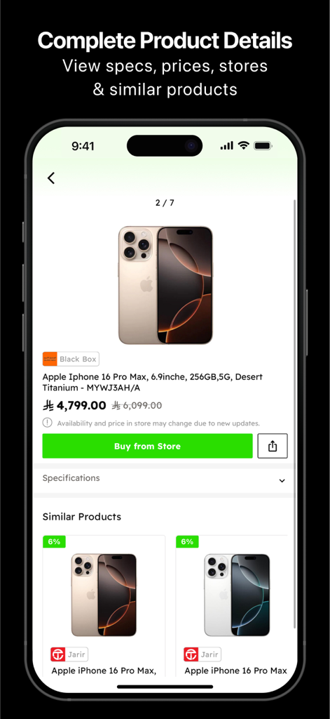 Rakhys: KSA Electronics Deals - Rakhys app interface showing detailed pricing for an iPhone 16 Pro Max with comparisons and similar product suggestions.