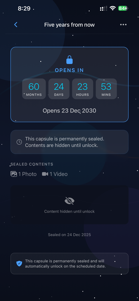 Keepsake Time Capsule - Interface of the Keepsake Time Capsule app showing a countdown timer for a sealed digital memory scheduled to unlock in five years.