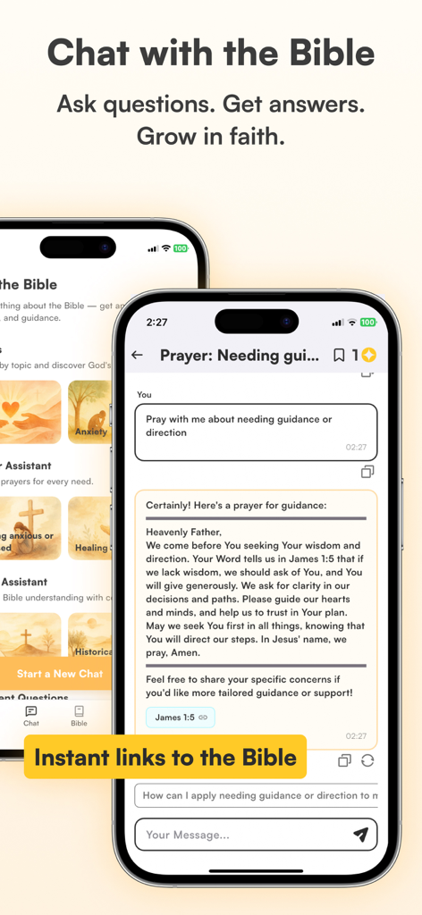 Verse Chat: Bible AI Questions - Interfaz de la aplicación Verse Chat que muestra una conversación de IA sobre oración y guía con enlaces a versículos bíblicos.