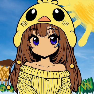 anime girl with chick shaped hat with sweater with bare shoulders with bangs covering them one eye with low tail