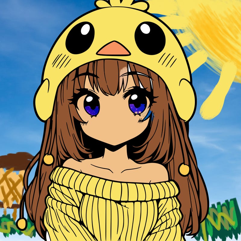 anime girl with chick shaped hat with sweater with bare shoulders with bangs covering them one eye with low tail