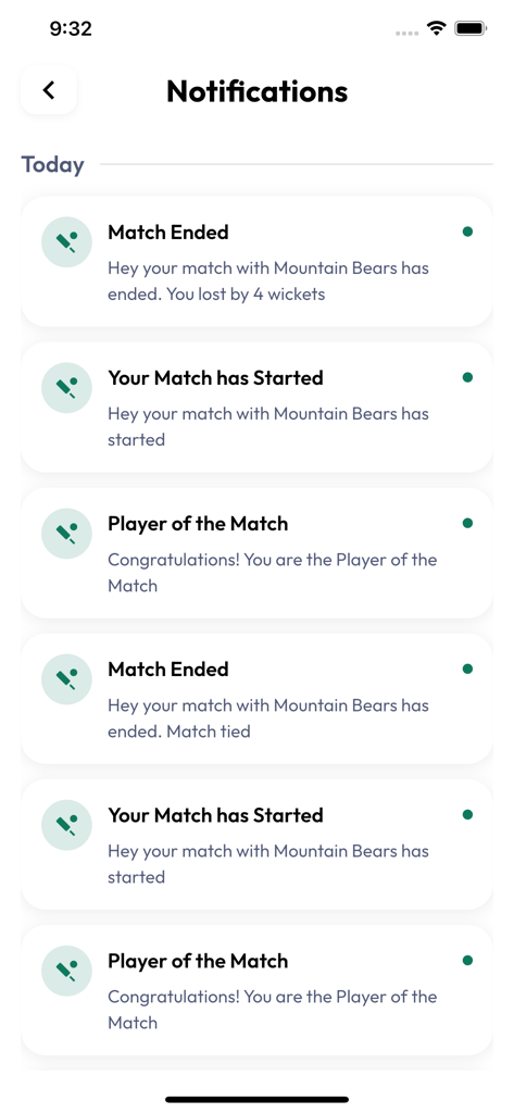 CricPR - Digital Cricket Hub - Notifications de l'application CricPR montrant les mises à jour du statut des matchs de cricket et les récompenses des joueurs