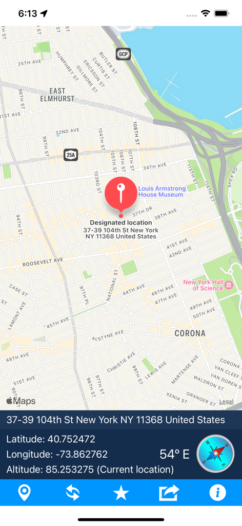 iLocation app interface showing precise latitude longitude altitude and a map pin in New York