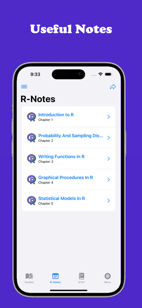 R Programming Guide - Interface of the R Programming Guide app displaying a list of learning chapters for R notes