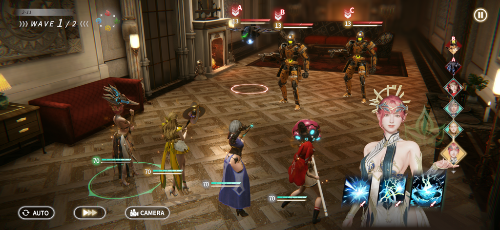 Rise of Eros: Desire - A strategic combat scene in Rise of Eros Desire featuring high fidelity 3D characters and robotic enemies in a luxurious mansion setting.