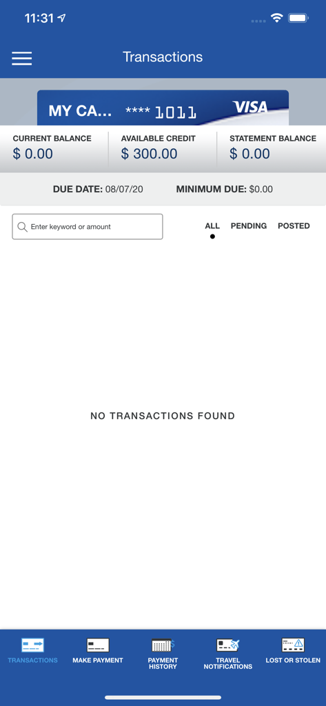 SCU Credit Card - Sharon Credit Union mobile app showing credit card balance available credit and transaction history screen