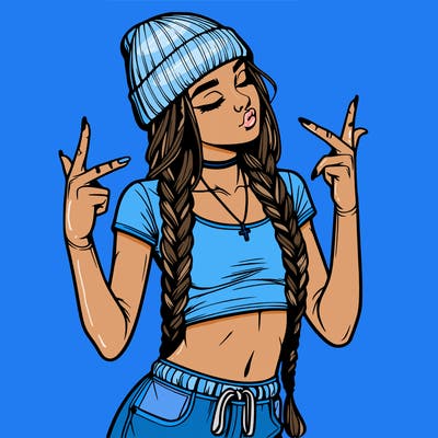 realistic teenage girl with braids and a beanie and crop top doing 🫶🏼