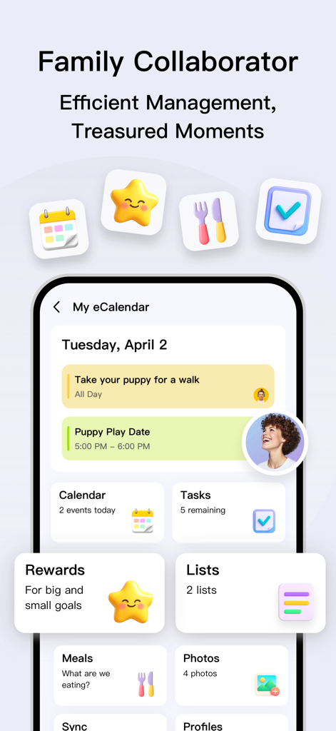 Interface of the eCalendar app highlighting family collaboration features like tasks rewards and daily schedules