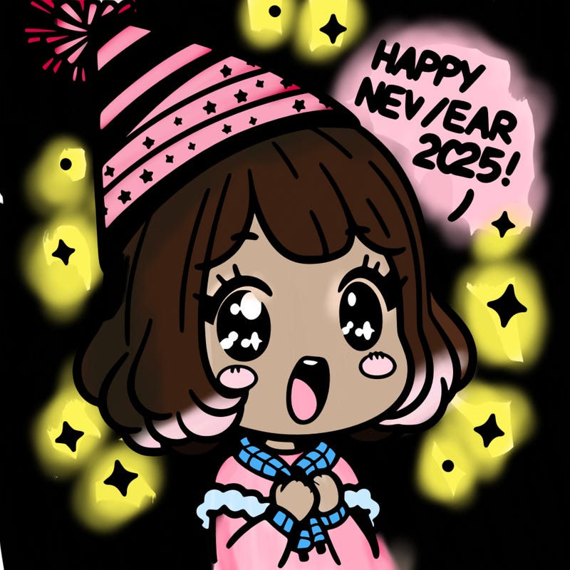 girl with a party hat on saying “happy new year 2025!”