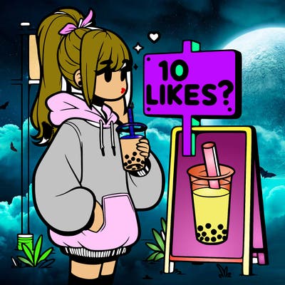 girl with oversized hoodie drinking boba and she has a high ponytail with a sign that says 10likes?
