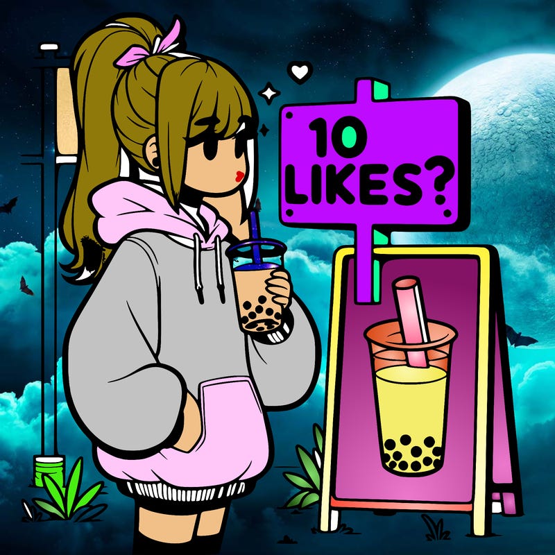 girl with oversized hoodie drinking boba and she has a high ponytail with a sign that says 10likes?