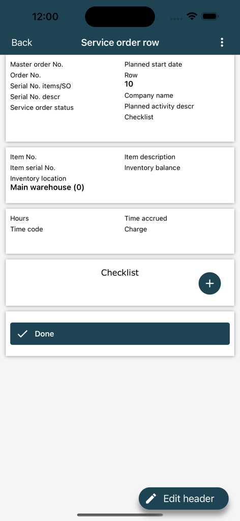 Jeeves ERP - Service order row interface in the Jeeves ERP mobile app showing inventory details and time tracking.
