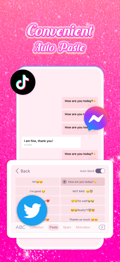 V Keyboard - DIY Themes, Fonts - V Keyboard app screenshot showing the auto-paste feature with a pink glitter theme and social media icons