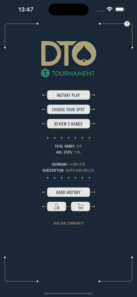 DTO MTT - GTO Poker Trainer - Hauptmenü der DTO MTT GTO Poker Trainer App mit Navigationsschaltflächen und Spielerstatistiken