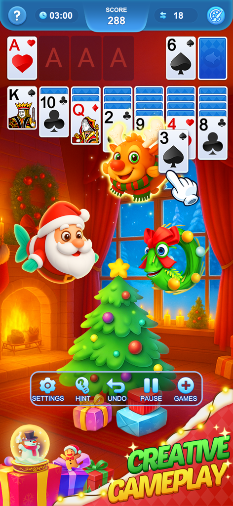 Solitaire card game with Christmas themed 3D fish and festive background