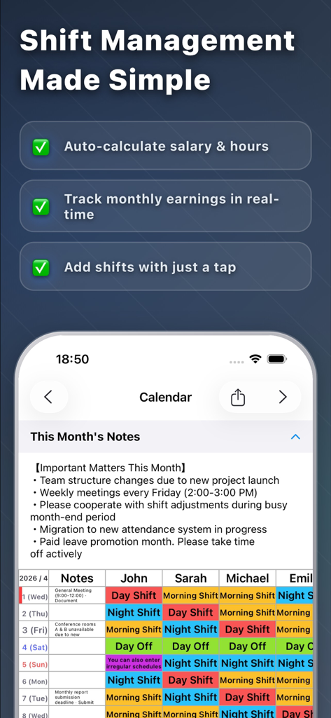 TapShift - Shift manager - Screenshot dell'app TapShift che mostra le funzionalità di gestione dei turni e un calendario di pianificazione del personale codificato a colori con calcolo automatico delle paghe
