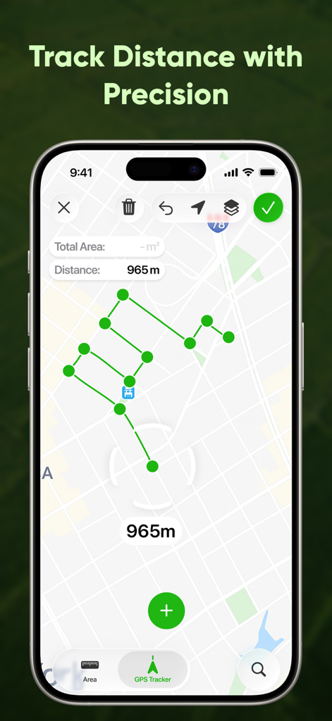 GPS fields area measure map ⁺ - Interfaz de la aplicación GPS mostrando el seguimiento de una distancia de 965 metros en un mapa