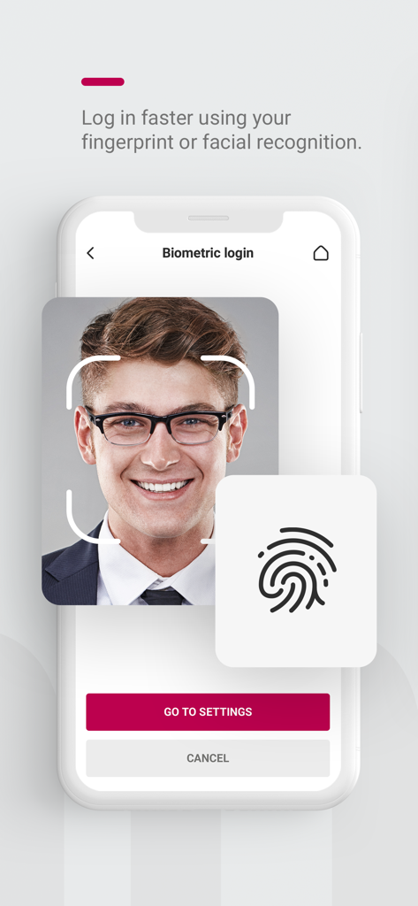Bank Millennium for Corporate app biometric login screen featuring facial and fingerprint recognition