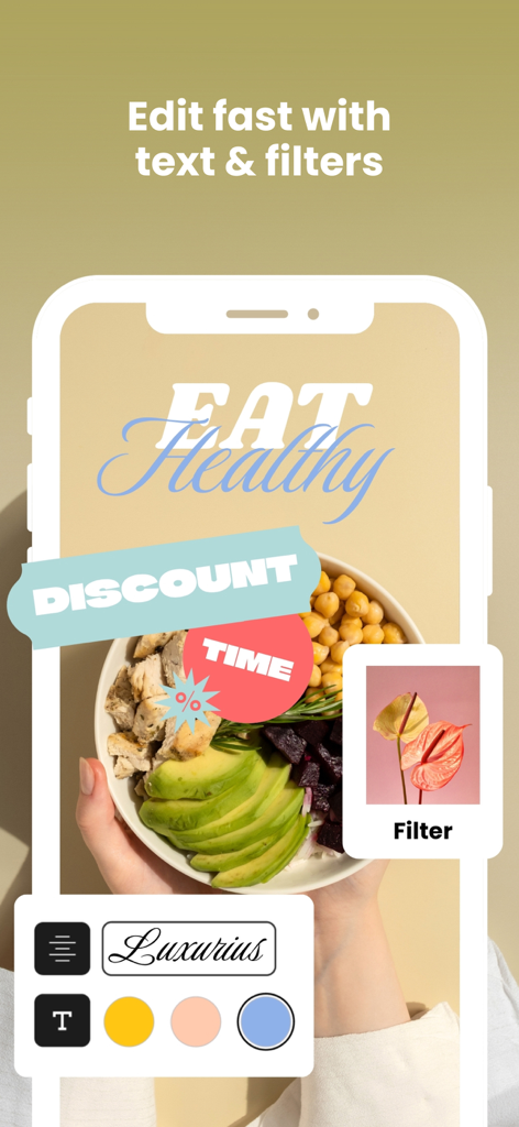 Ein Smartphone-Bildschirm, der die Storybeat App-Oberfläche mit einer gesunden Schüssel-Mahlzeit-Foto zeigt, das mit benutzerdefiniertem Text und Filteroptionen bearbeitet wird.