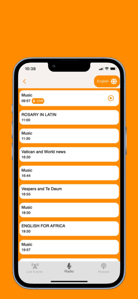 A smartphone displaying the Radio Vaticana app with a list of daily radio programs including Rosary in Latin and Vatican news.