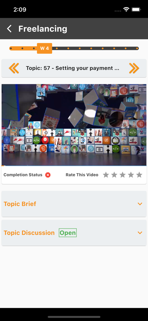 DigiSkills LMS - DigiSkills LMS mobile app screen showing a freelancing lesson video and course discussion