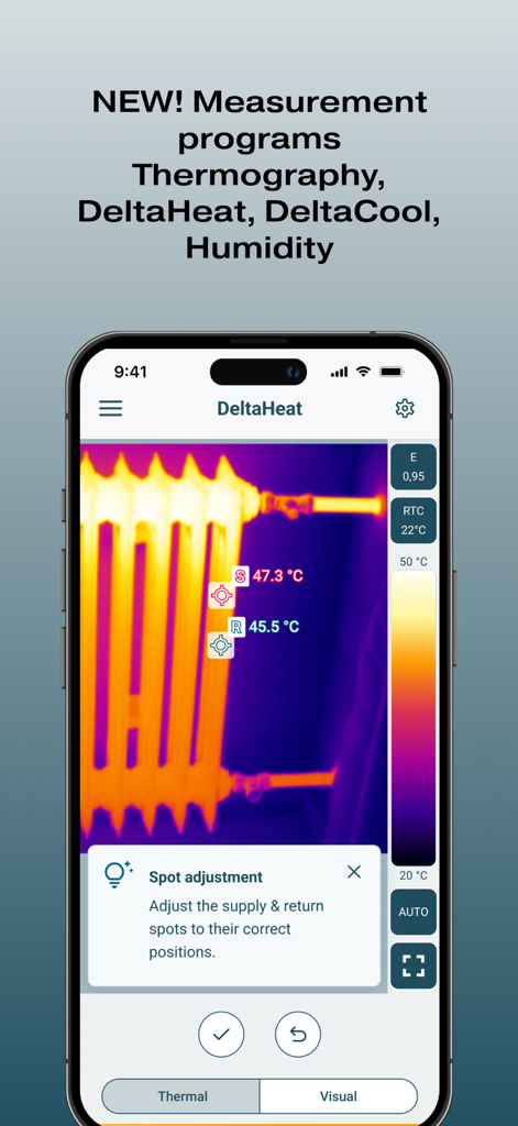 testo Smart - Medição de imagem térmica de um radiador no app testo Smart mostrando dados de DeltaHeat