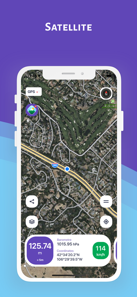 Altimeter Pro: Compass, GPS - Altimeter Pro app screenshot showing satellite map with real time altitude and coordinates