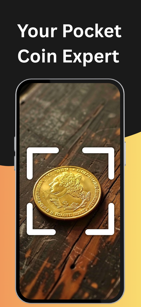 나무 표면에 금화를 스캔하는 코인 식별기 앱을 보여주는 스마트폰 화면 텍스트 'Your Pocket Coin Expert' 포함
