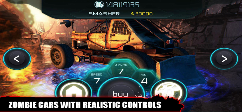 Zombie Survival Dead Shooting - Customizable armored zombie car in a garage with performance statistics