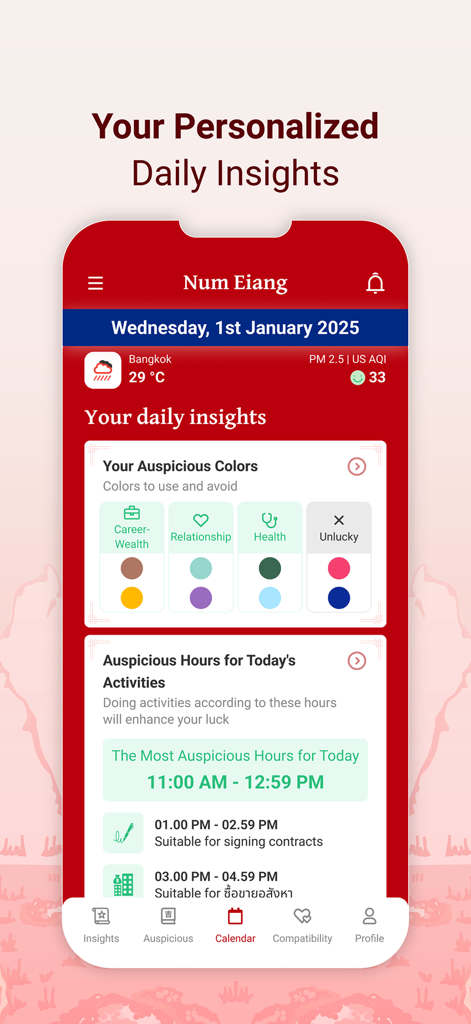 Num Eiang app interface showing personalized daily insights with auspicious colors and auspicious hours for activities