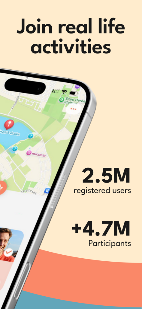 Meet5 app showing activity map and statistics for registered users and participants