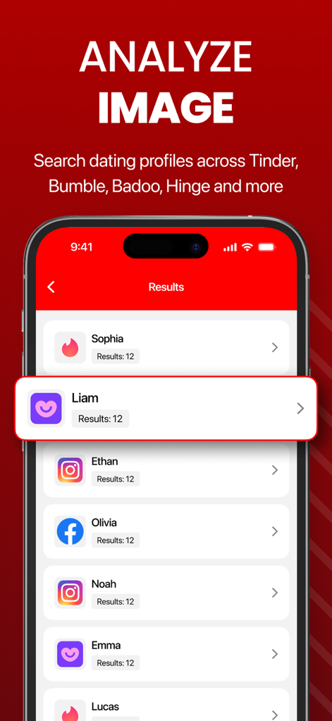 CheaterBuster - AI Checker - Mobile App-Oberfläche zeigt Suchergebnisse für Dating-Profile auf Plattformen wie Tinder und Bumble nach Bildanalyse.