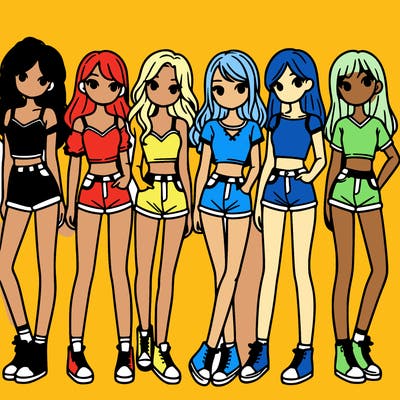 a group of girls wearing crop tops and shorts