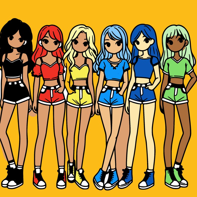 a group of girls wearing crop tops and shorts