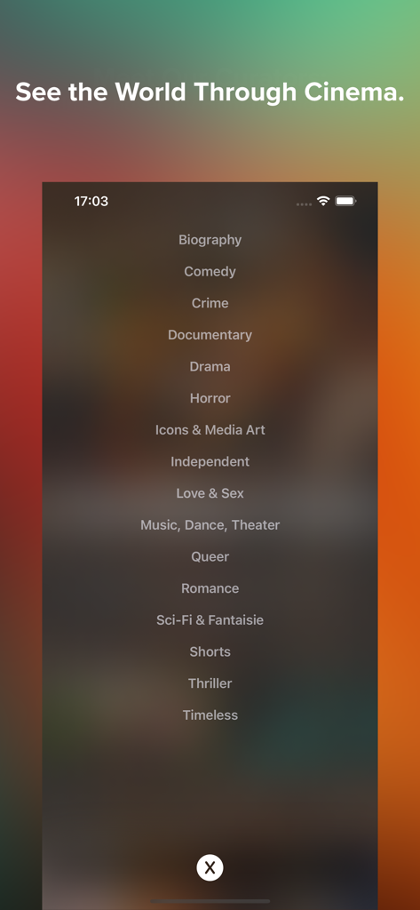 Interface d'une application mobile affichant une liste de catégories de films, y compris documentaires, drames et cinéma indépendant