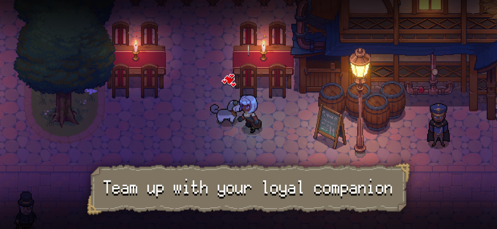 Potion Permit - A pixel art scene in Potion Permit showing the main character interacting with a dog companion in a cozy village at night.